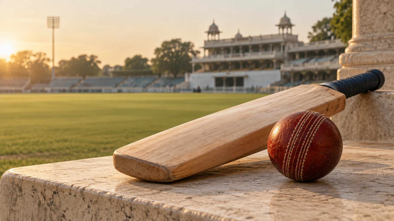 Cricket bat and ball overlooking a cricket ground in warm evening light