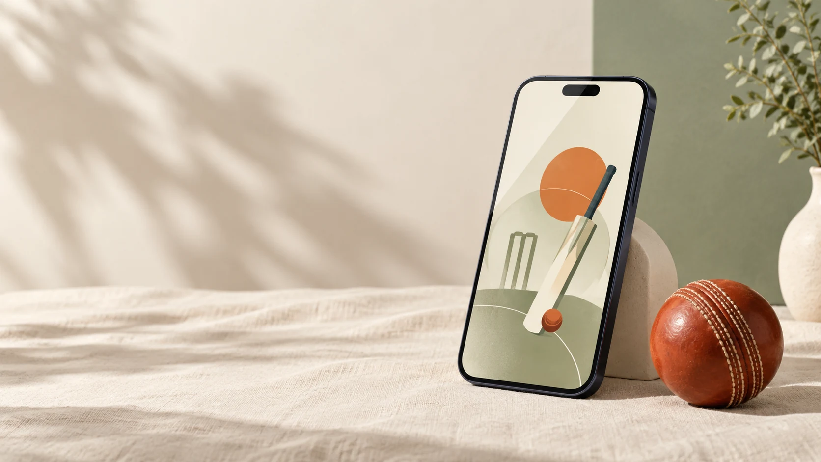 A smartphone showing an abstract cricket illustration beside a cricket ball