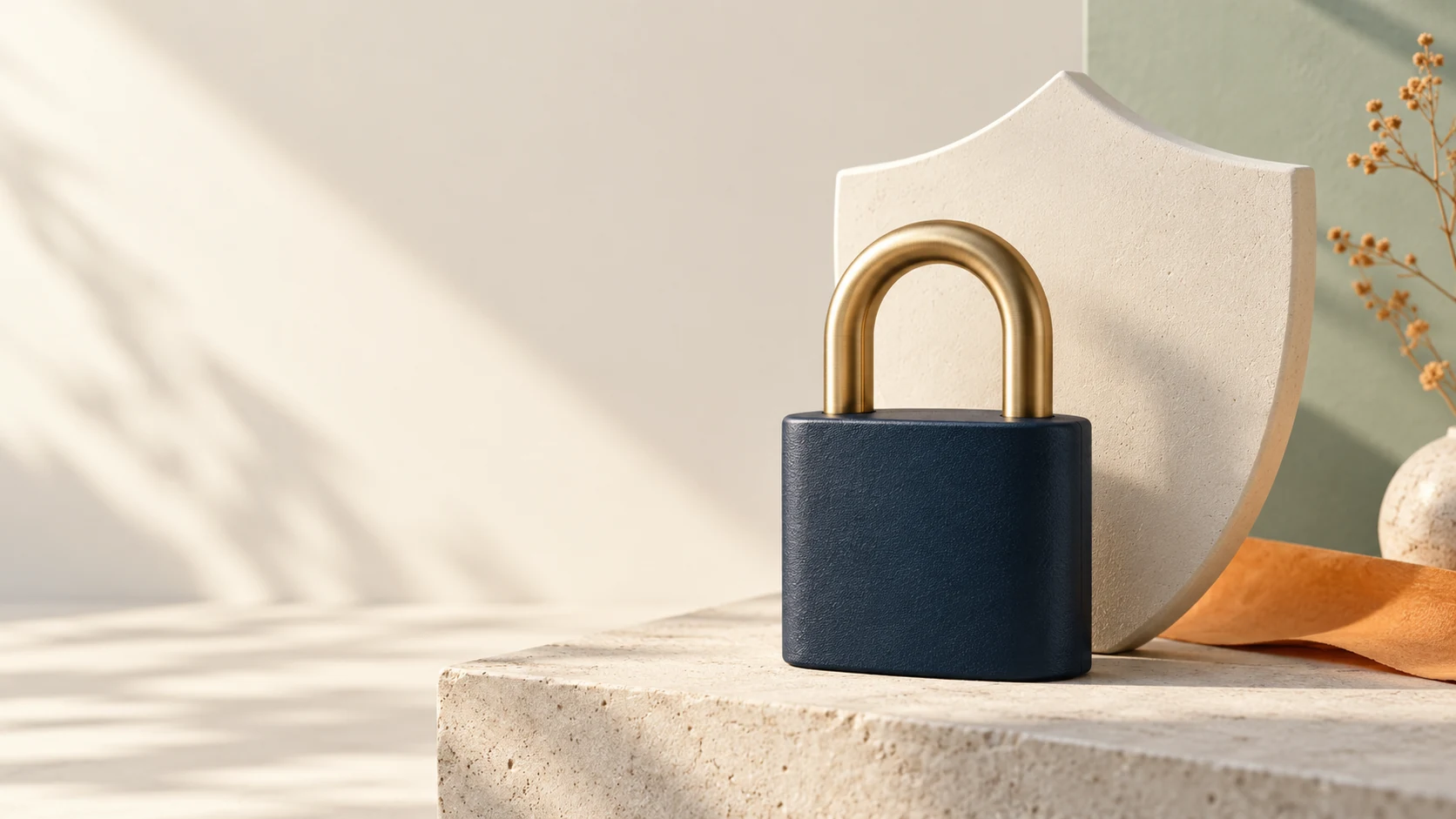 A navy padlock with a brass shackle beside an ivory shield