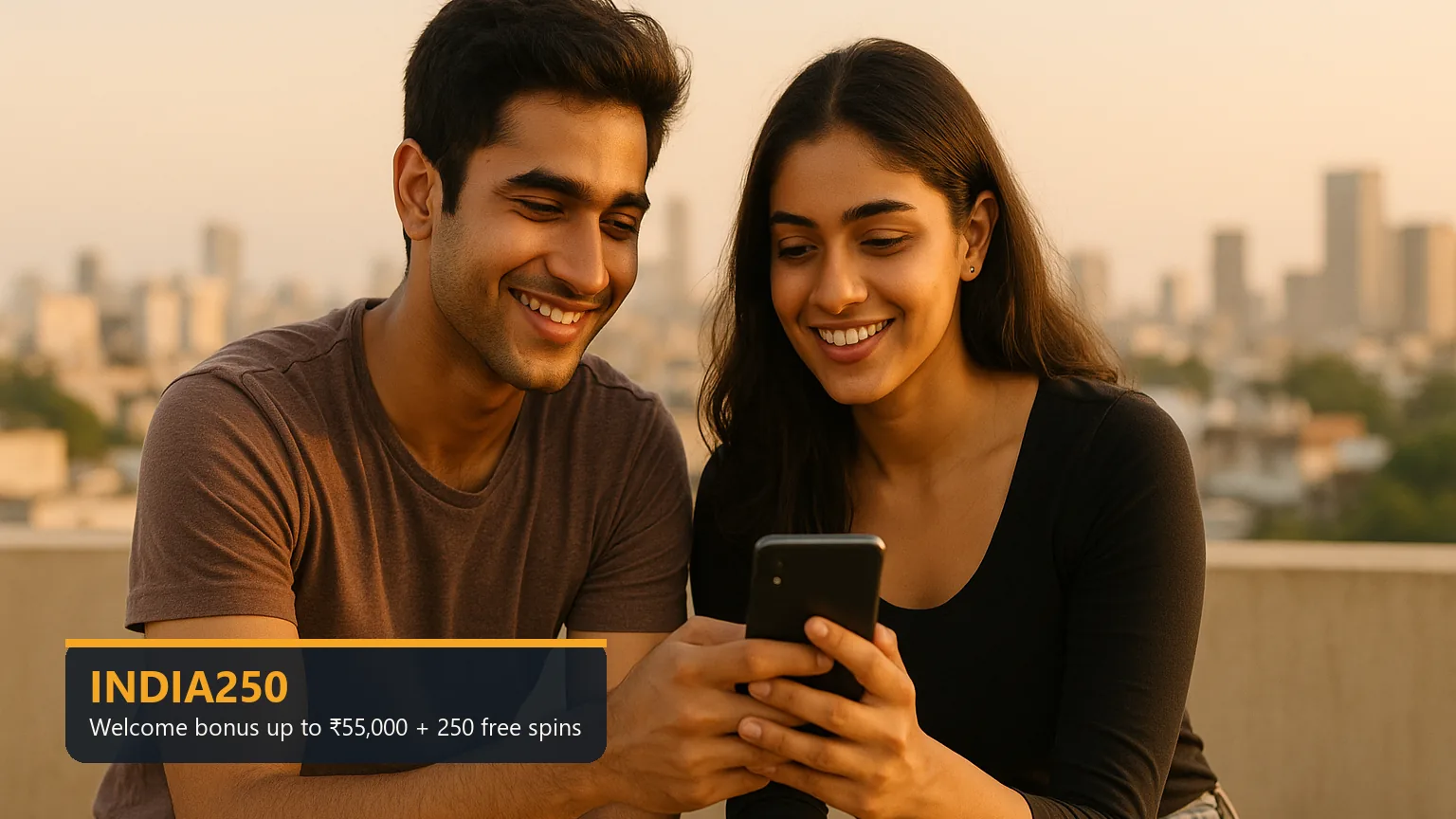 Two adults in India looking at a phone, with the INDIA250 welcome offer
